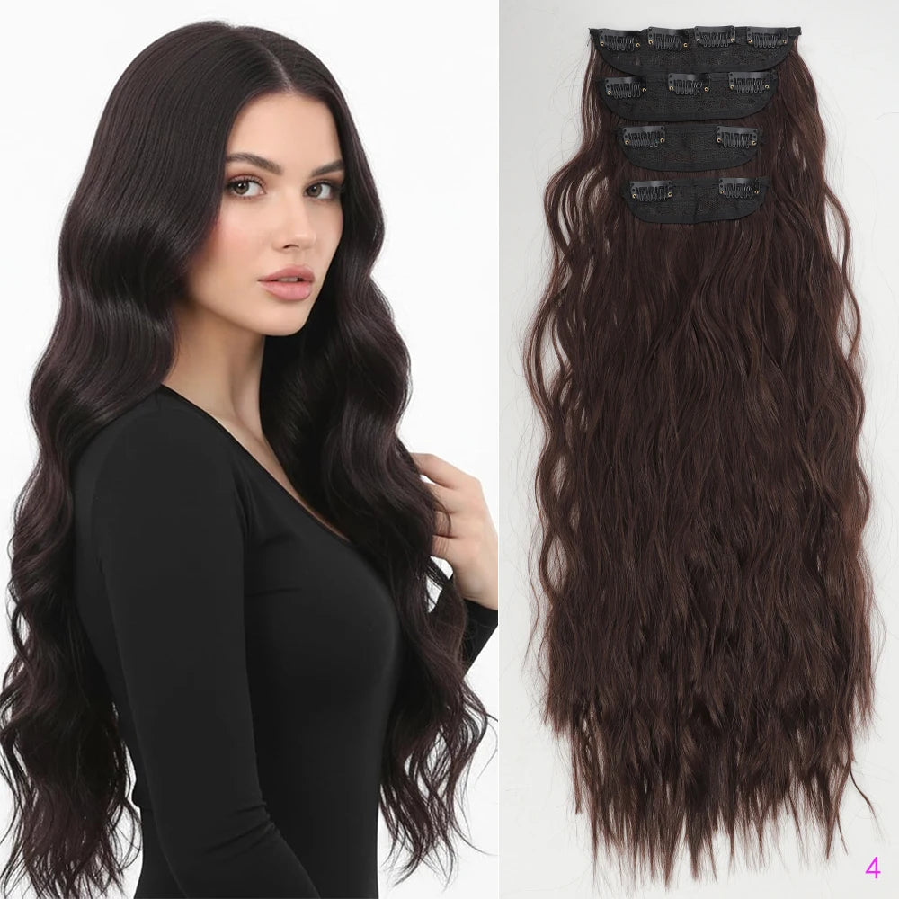 Set of 4 Clip-In Hair Extensions in a Brown-Blonde Shade, 60.96 cm Long, Featuring Wavy And Curly Synthetic Hair - Zenflow Active