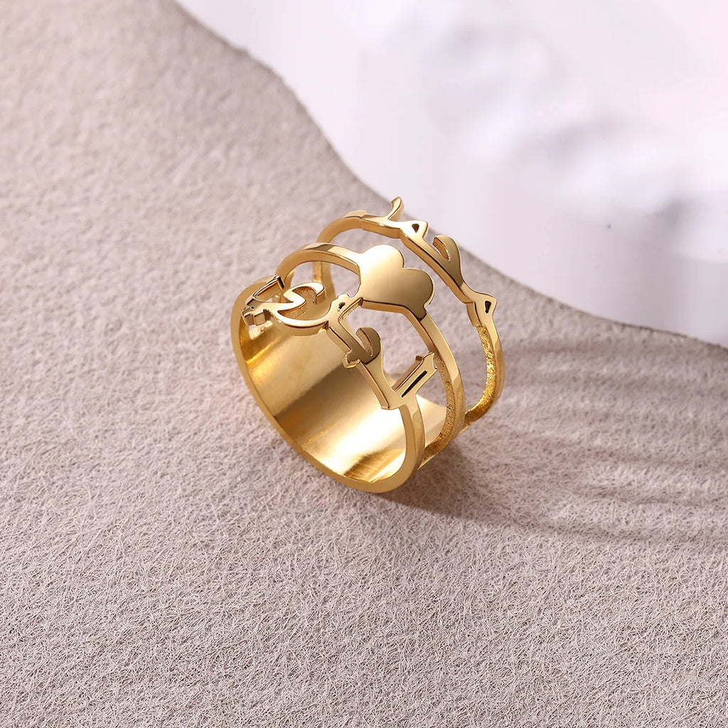 Custom Broad Surface Name Heart Rings Women Unisex Gold Colour Personalization 6-10 Size Wedding Bride Jewellery Stainless Steel - Zenflow Active