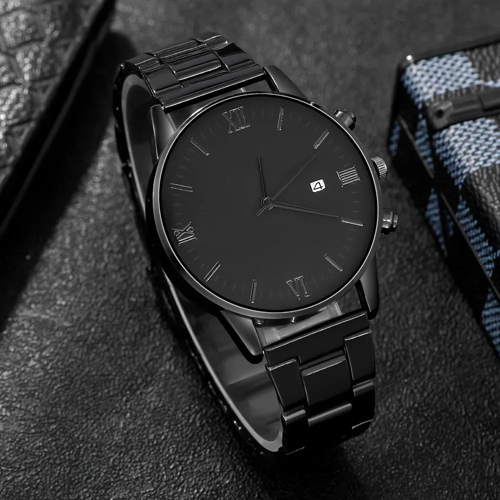4-piece/set men's black minimalist quartz watch set with bracelet, necklace, and ring - Zenflow Active
