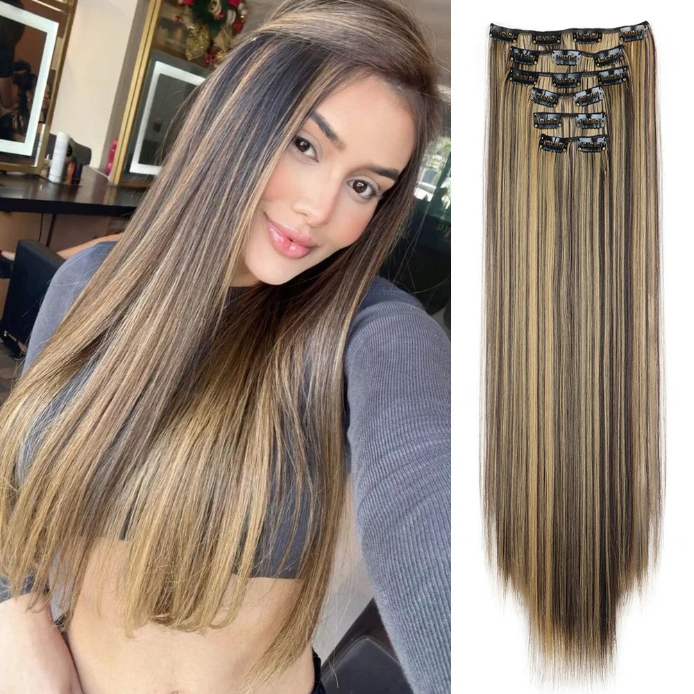 Hair Extensions 24"/60cm 6pcs/set Women Long Straight Synthetic Full Head Clip 16 Clips Ombre Heat Resistant Fiber Hair - Zenflow Active