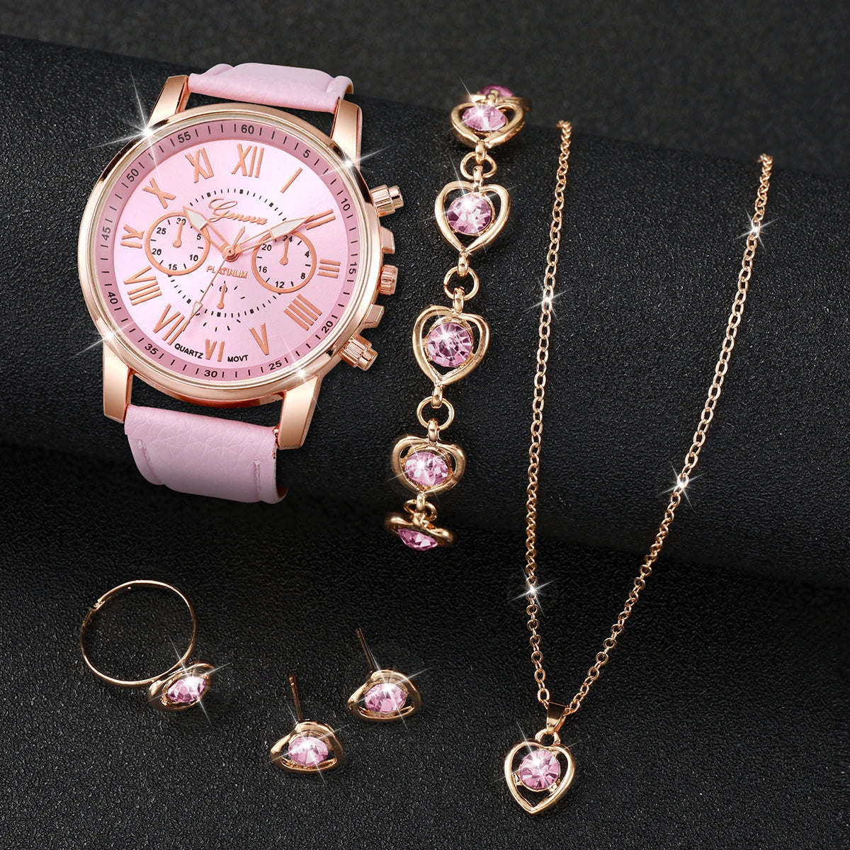 5/6PCS Fashion Women's Quartz Watch Leather Band Analog Wrist Watches Heart Rhinestone Jewelry Set(Without Box) - Zenflow Active