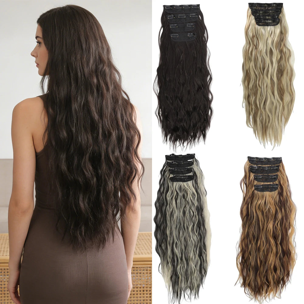 Set of 4 Clip-In Hair Extensions in a Brown-Blonde Shade, 60.96 cm Long, Featuring Wavy And Curly Synthetic Hair - Zenflow Active