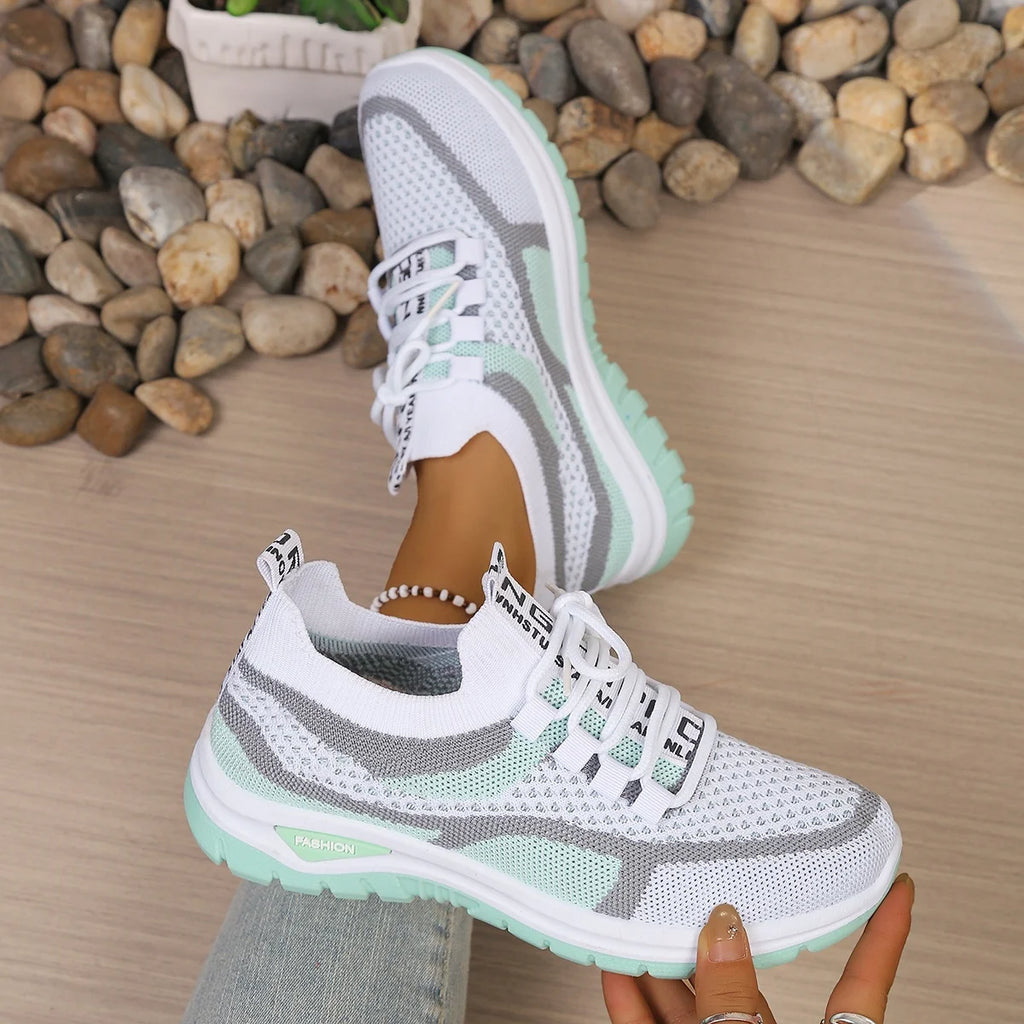 Women's Two-Tone Canvas Lace-Up Trainers — Patchwork, Low Heel, Breathable, Casual - Zenflow Active