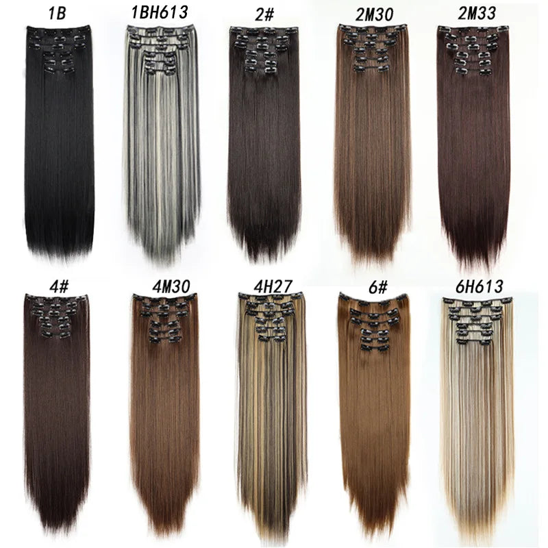 Hair Extensions 24"/60cm 6pcs/set Women Long Straight Synthetic Full Head Clip 16 Clips Ombre Heat Resistant Fiber Hair - Zenflow Active