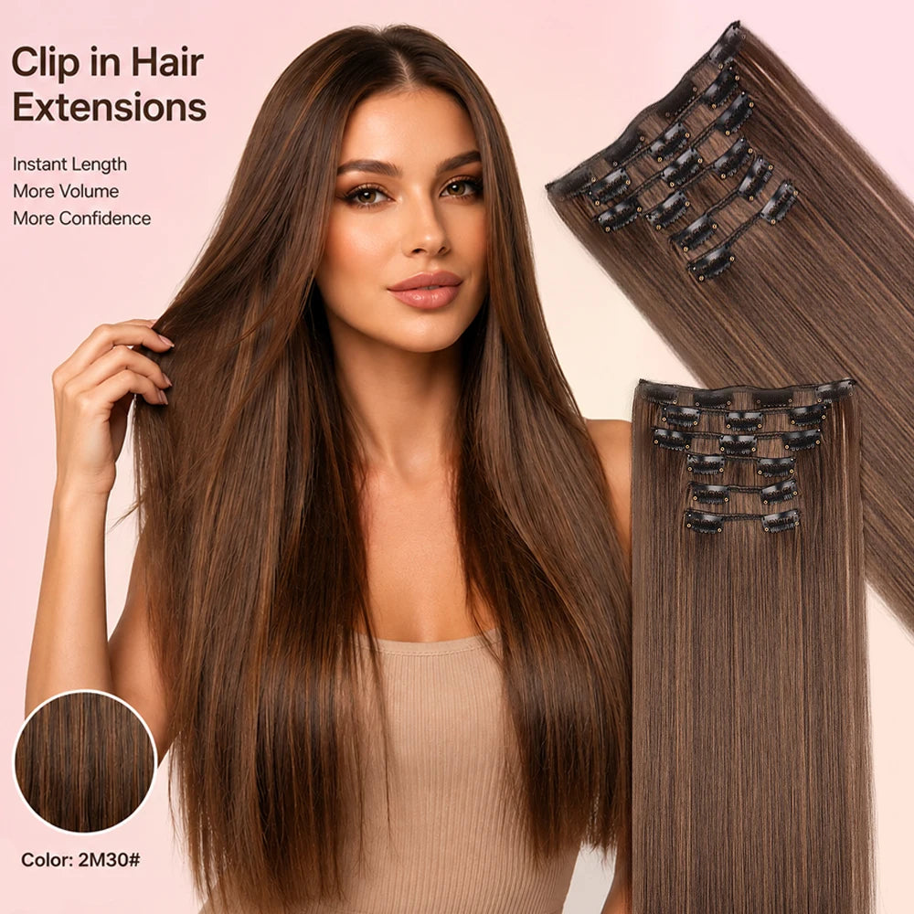 Hair Extensions 24"/60cm 6pcs/set Women Long Straight Synthetic Full Head Clip 16 Clips Ombre Heat Resistant Fiber Hair - Zenflow Active