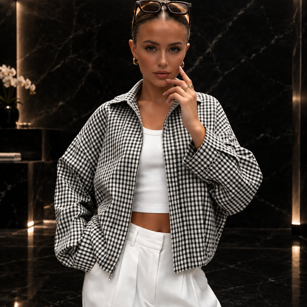 Women's Cropped Plaid Zip-Up Jacket