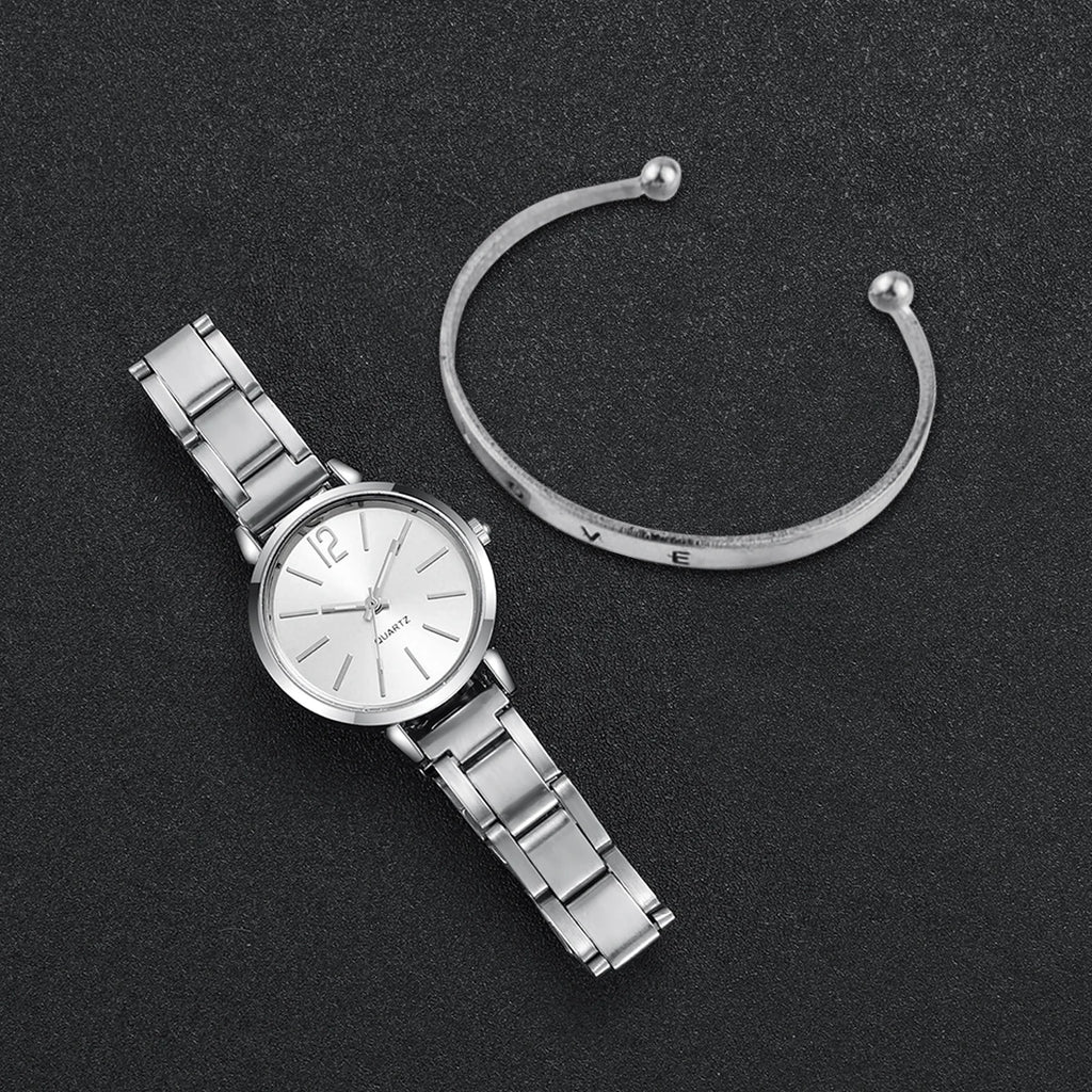 2PCS Women's Watch Fashion Gold Steel Band Quartz Wristwatch Opening Cuff Bracelet Set - Zenflow Active