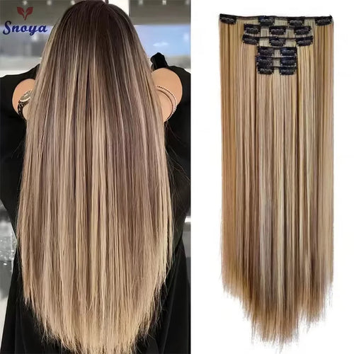 16 Clips in Hair Extensions 24Inchs Long Straight Hairstyle Synthetic Blonde Black Hairpieces Heat Resistant Fake Hair 6Pcs/Set - Zenflow Active
