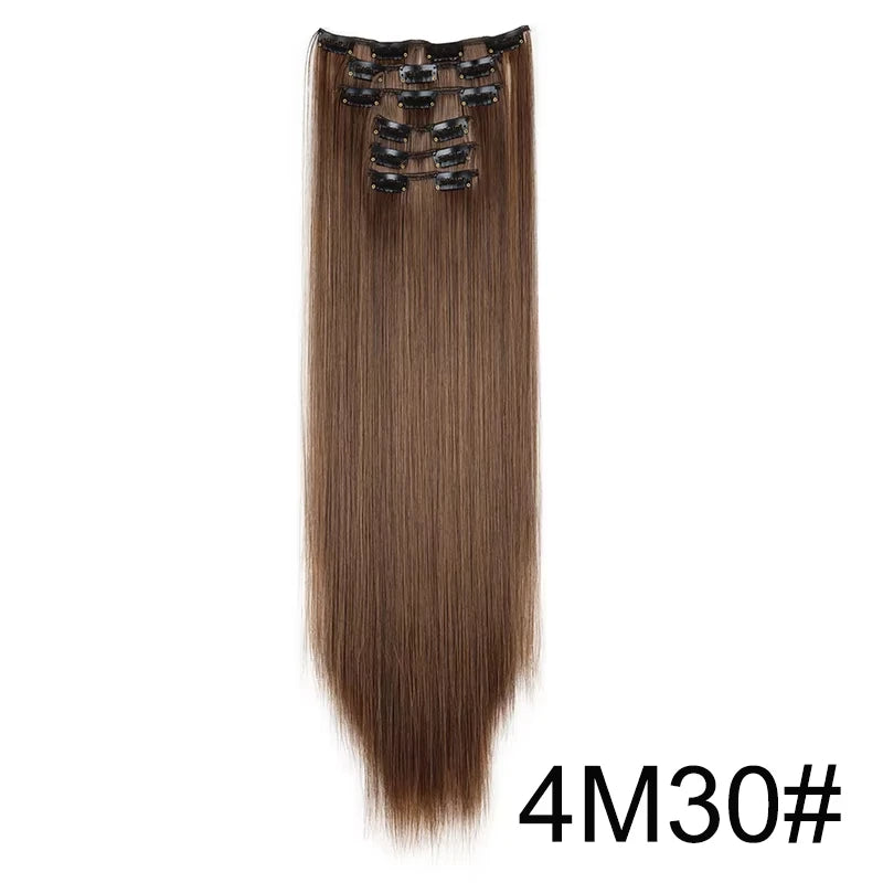 16 Clips in Hair Extensions 24Inchs Long Straight Hairstyle Synthetic Blonde Black Hairpieces Heat Resistant Fake Hair 6Pcs/Set - Zenflow Active