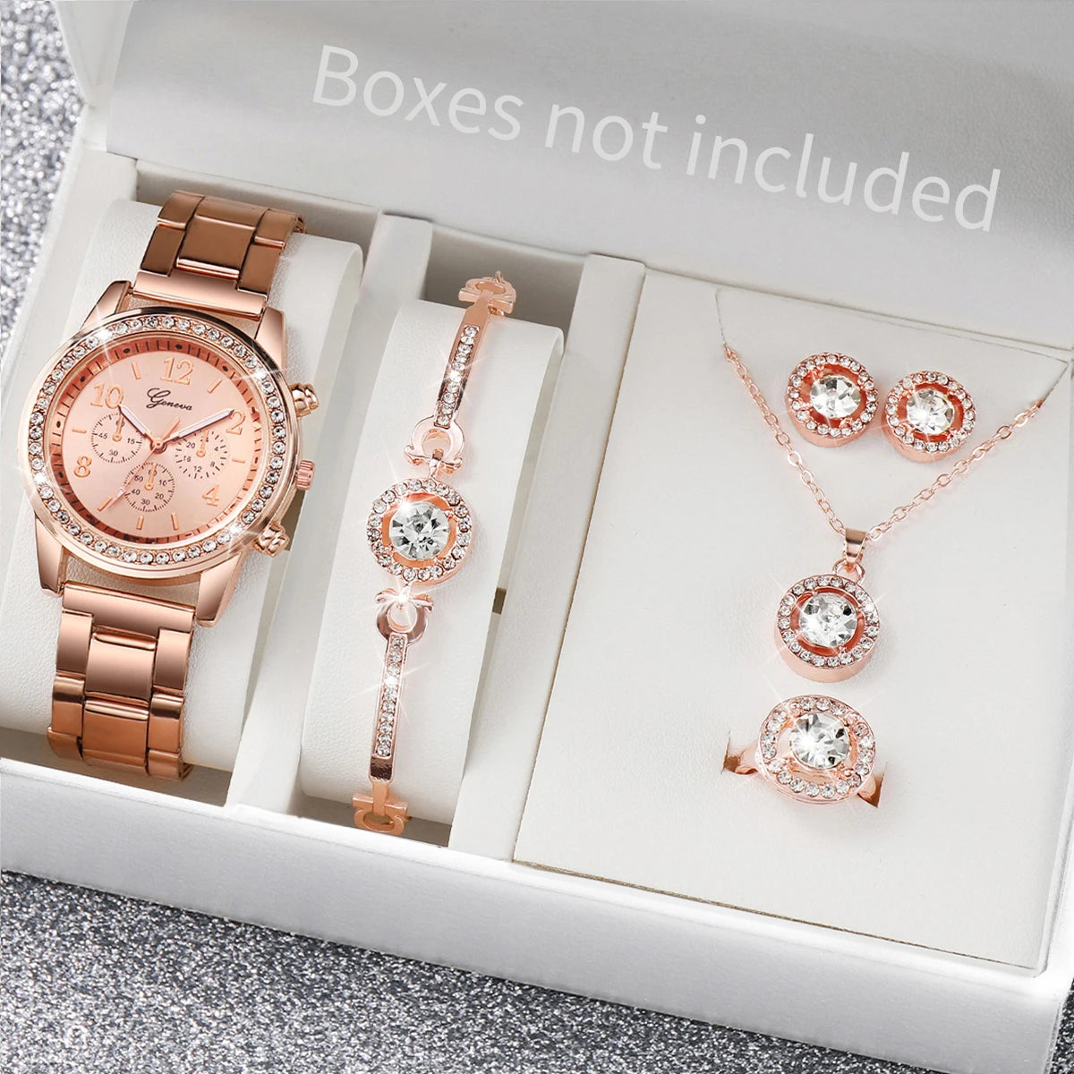 6PCS/Set Women's Watch Fashion Rhinestone Stainless Steel Band Quartz Watch Jewelry Set Reloj Mujer (Without Box) - Zenflow Active