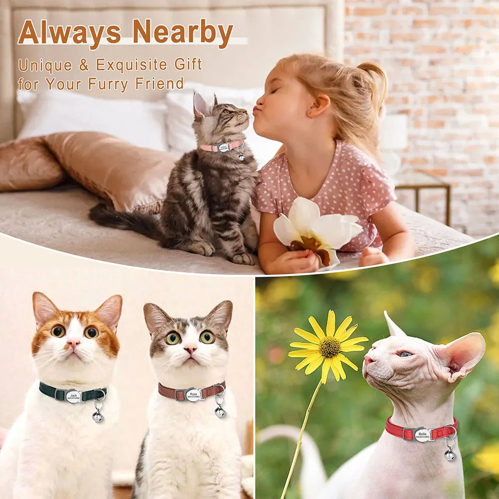 Personalised Cat Collar | PU Leather with Engraved ID Nameplate & Bell - Zenflow Active
