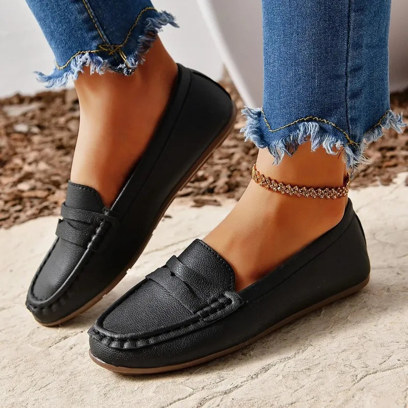 Women's PU Leather Slip-On Loafers — Round Toe, Flat Moccasin, Casual Everyday Shoe - Zenflow Active