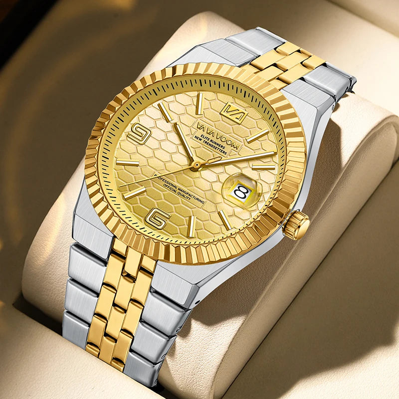 Men's Honeycomb Dial Quartz Watch — Luminous, Date Display, Stainless Steel, Waterproof - Zenflow Active