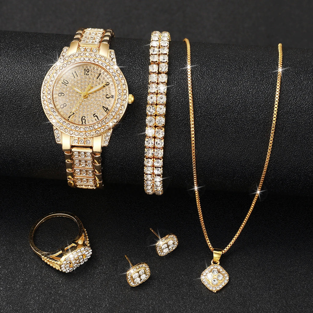 6PCS Fashion Full Diamond Women's Watch Gold Steel Band Analog Quartz Watches Jewellery Set Without Box - Zenflow Active