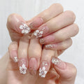 Nude Pink Floral Press-On Nails – Square Ballet Shape with Glitter | 24-Piece Set - Zenflow Active
