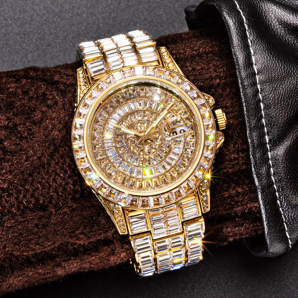 MISSFOX Iced Out Men's Watch — Handmade Mosaic Diamond, Quartz, Auto Date - Zenflow Active