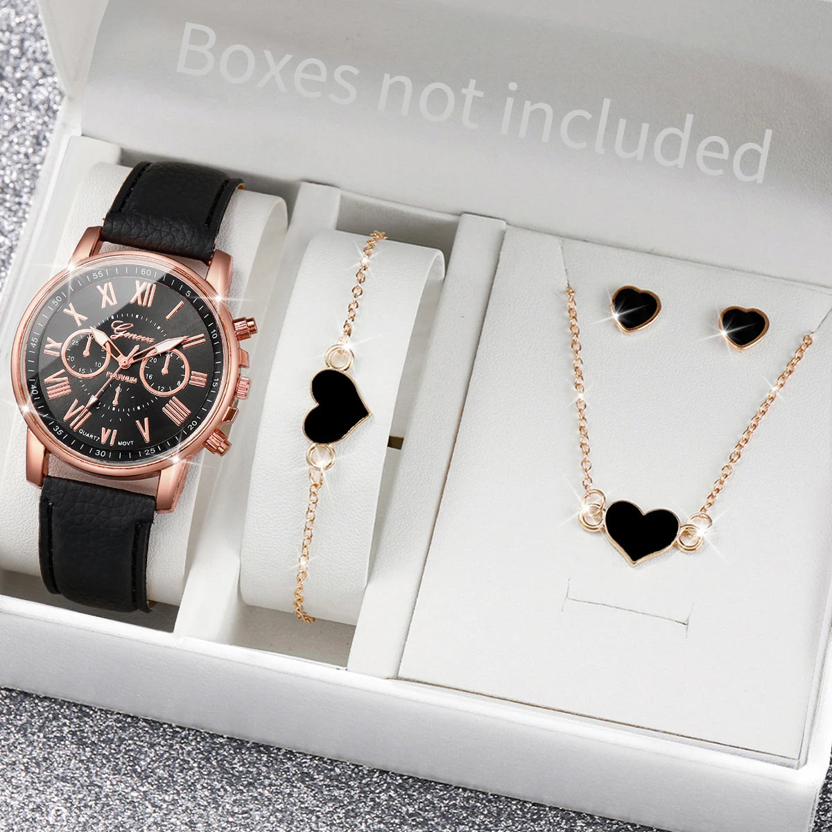 5/6PCS Fashion Women's Quartz Watch Leather Band Analog Wrist Watches Heart Rhinestone Jewelry Set(Without Box) - Zenflow Active