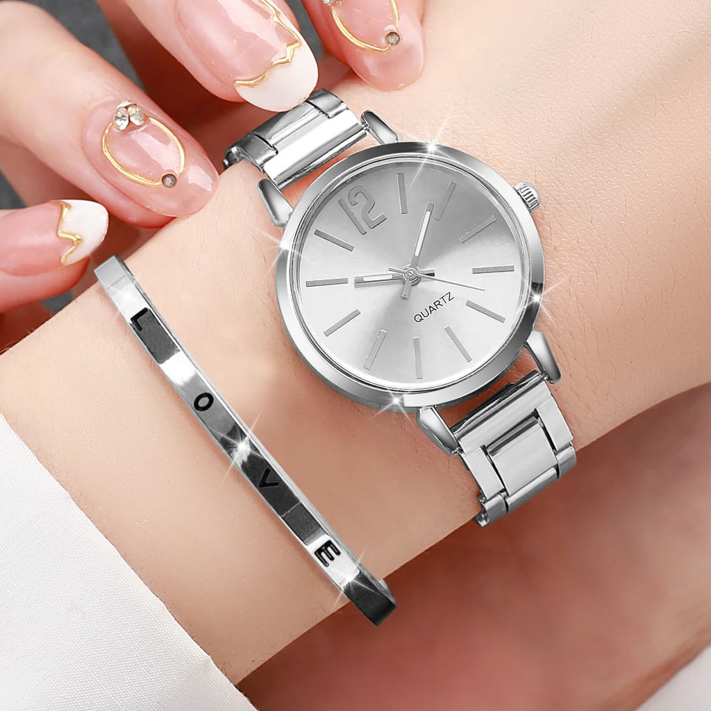 2PCS Women's Watch Fashion Gold Steel Band Quartz Wristwatch Opening Cuff Bracelet Set - Zenflow Active