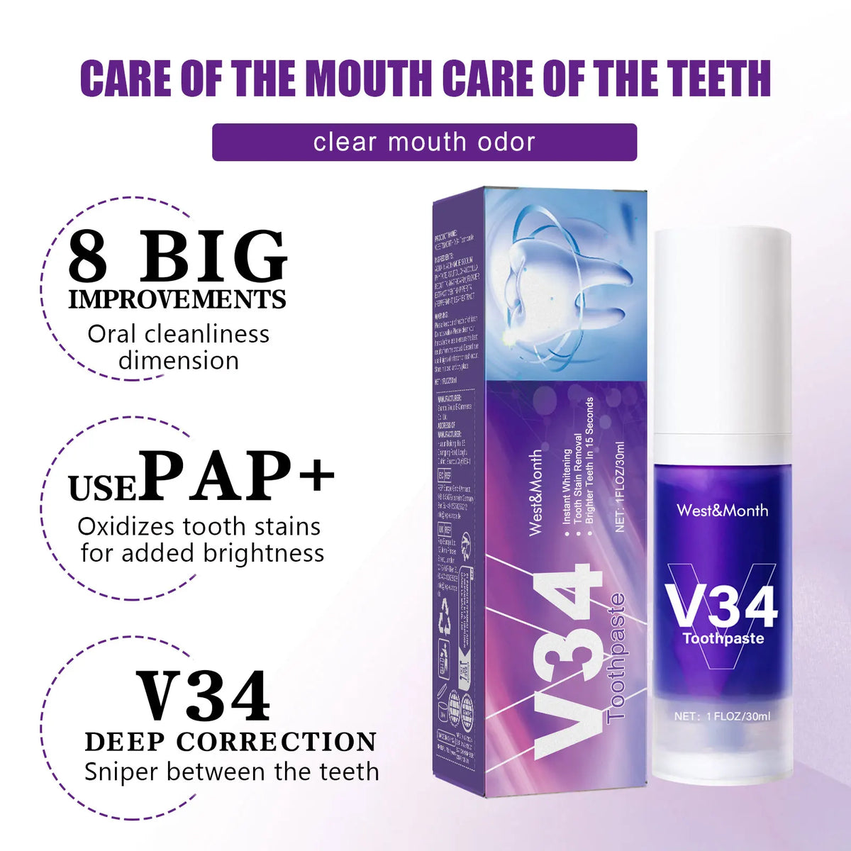 V34 Teeth Whitening Toothpaste 30ml Intensive Stain Remover - Zenflow Active