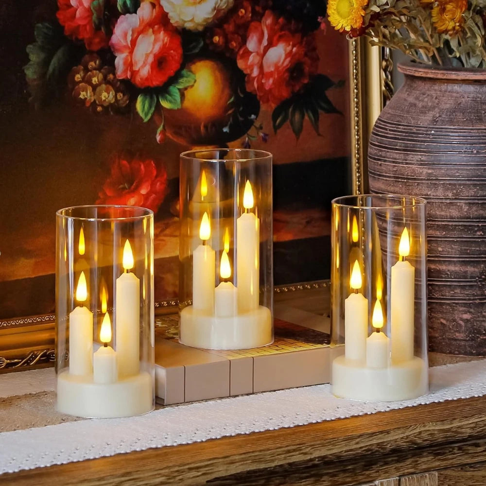 3 in 1 Flameless 5/8/10CM Taper Candles Battery Operated LED Acrylic Pillar Flickering LED Electronic Candles with Lampshade - Zenflow Active
