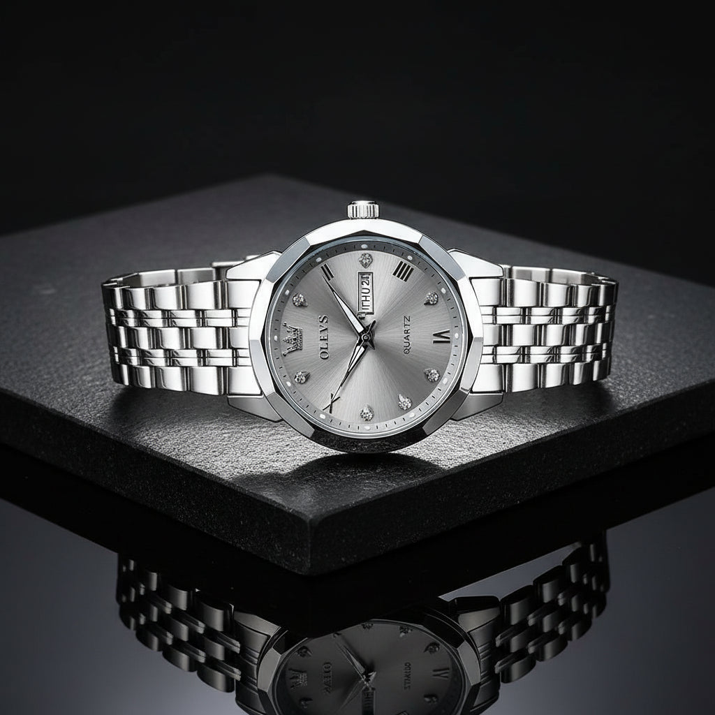 OLEVS 9931 Men's Quartz Watch — Rhombus Bezel, Roman Numeral, Date & Week, Luminous - Zenflow Active