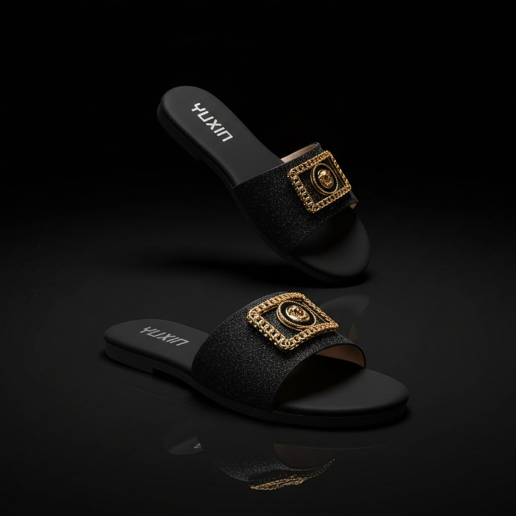 Women's Metal Detail Flat Sandals — Round Toe, Faux Leather, Casual Everyday Slide - Zenflow Active