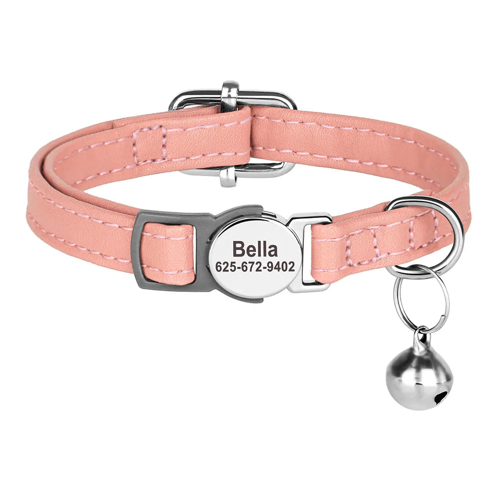 Personalised Cat Collar | PU Leather with Engraved ID Nameplate & Bell - Zenflow Active