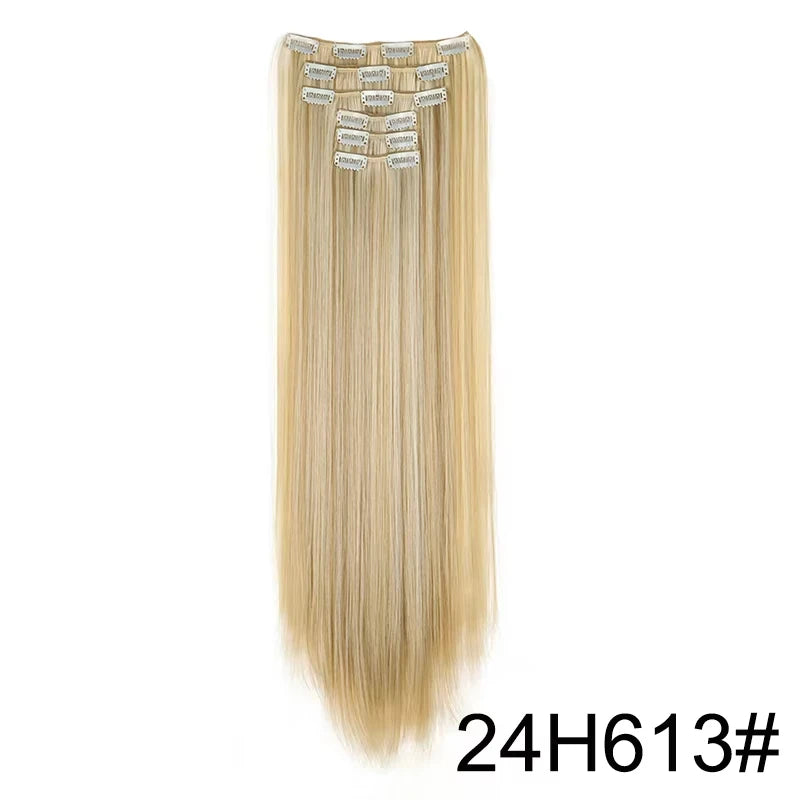 16 Clips in Hair Extensions 24Inchs Long Straight Hairstyle Synthetic Blonde Black Hairpieces Heat Resistant Fake Hair 6Pcs/Set - Zenflow Active