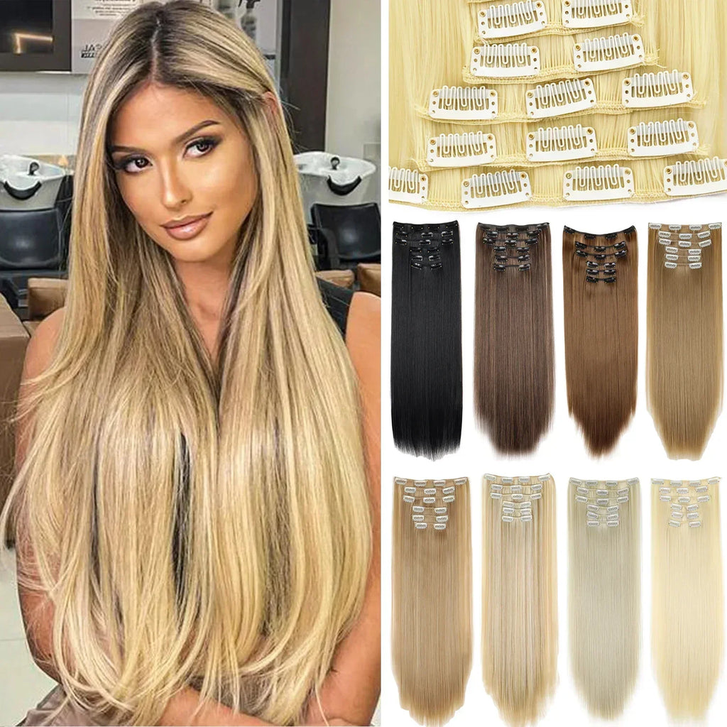 Black Hair Extensions 24"/60cm 6pcs/set Women Long Straight Synthetic Full Head Clip 16 Clips Ombre Heat Resistant Fiber Hair - Zenflow Active