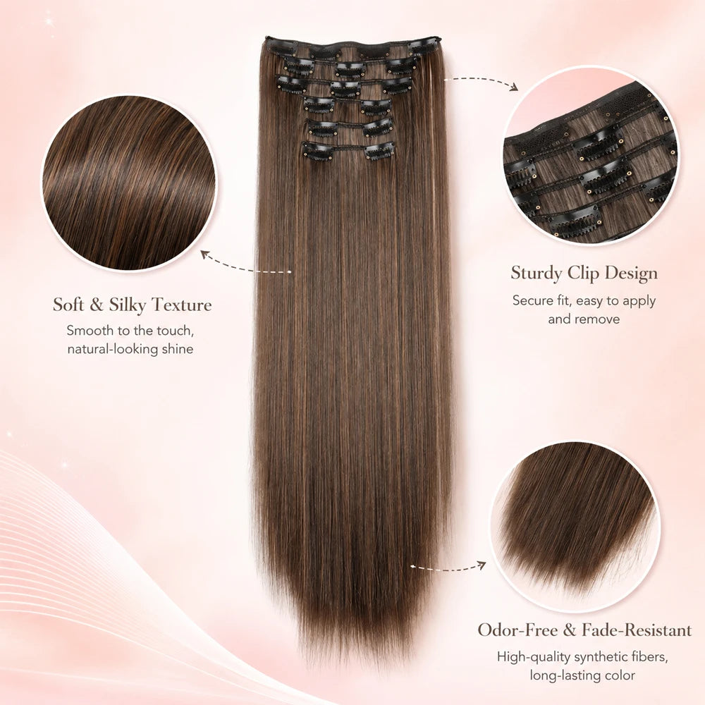 Hair Extensions 24"/60cm 6pcs/set Women Long Straight Synthetic Full Head Clip 16 Clips Ombre Heat Resistant Fiber Hair - Zenflow Active