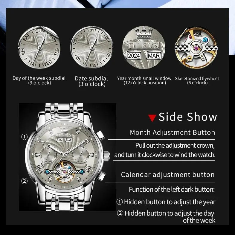 OLEVS 7088 Skeleton Automatic Watch | Tourbillon Display | Luminous - Zenflow Active