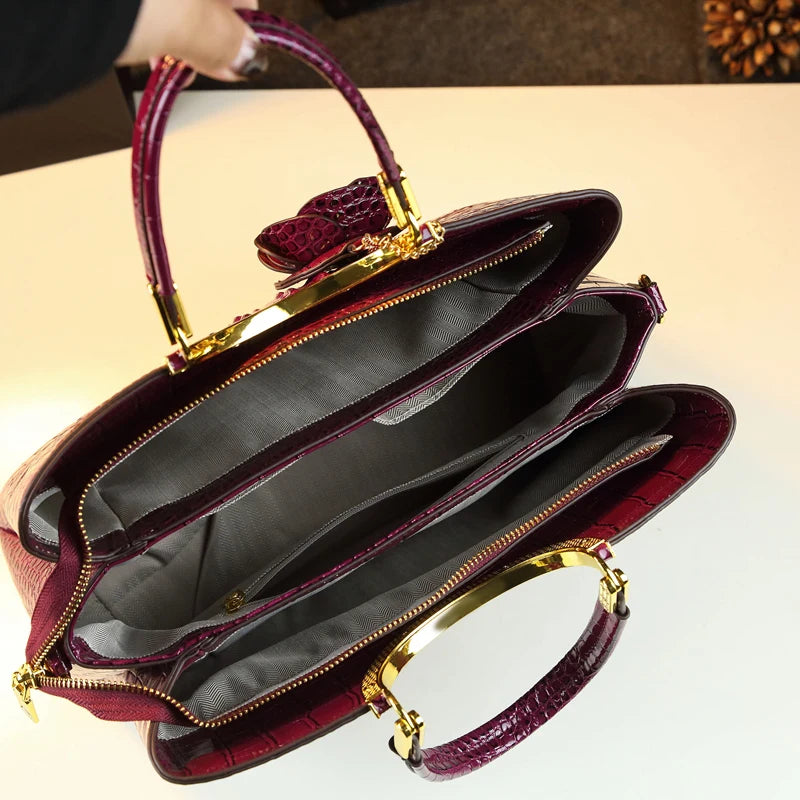 Genuine Leather Women's Handbags Crocodile Pattern Lady Flower Tassel Shoulder Bag - Zenflow Active