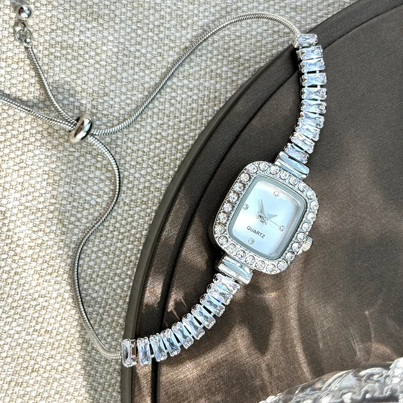 women's inlaid zircon flexible pull out bracelet with diamond square alloy case rhinestone scale simple dial quartz watch - Zenflow Active