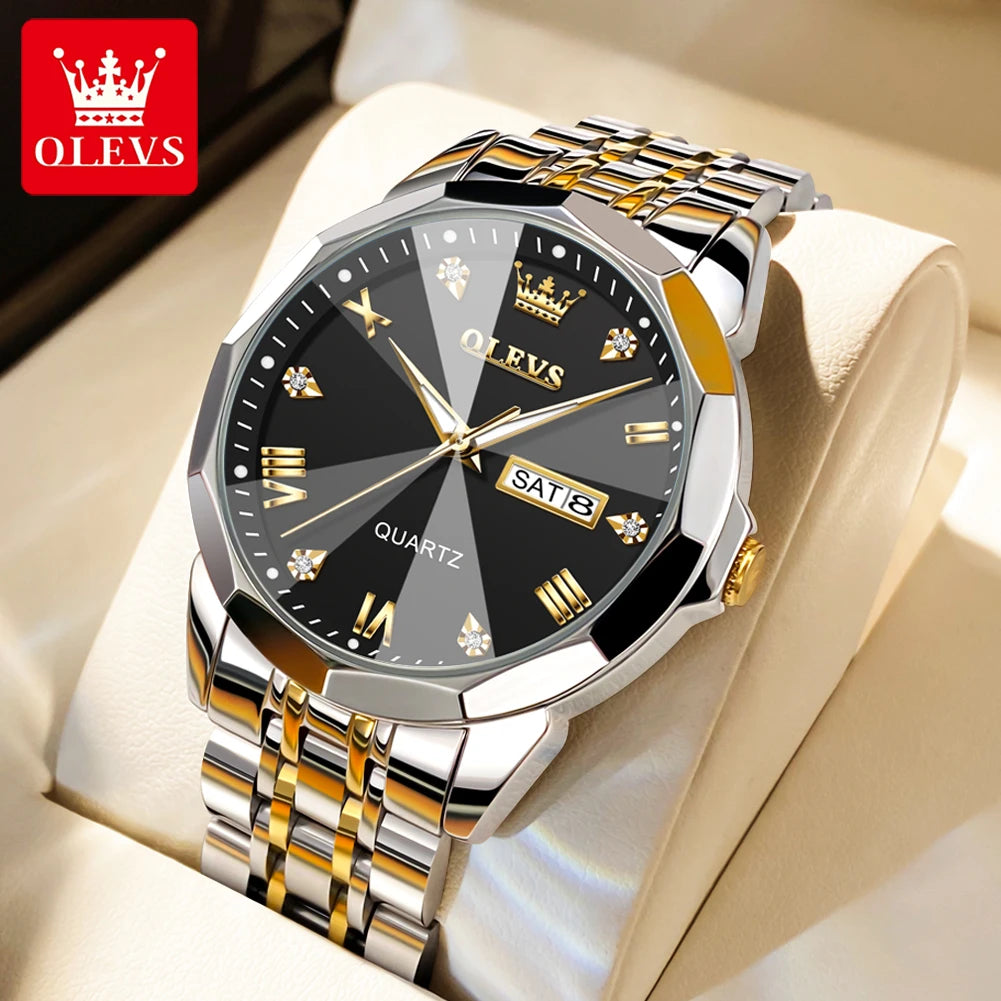 OLEVS 9931 Men's Quartz Watch — Rhombus Bezel, Roman Numeral, Date & Week, Luminous - Zenflow Active