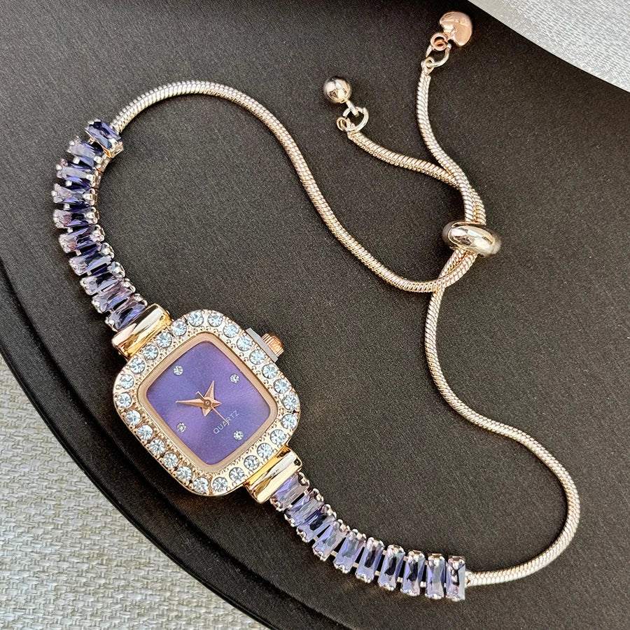 women's inlaid zircon flexible pull out bracelet with diamond square alloy case rhinestone scale simple dial quartz watch - Zenflow Active