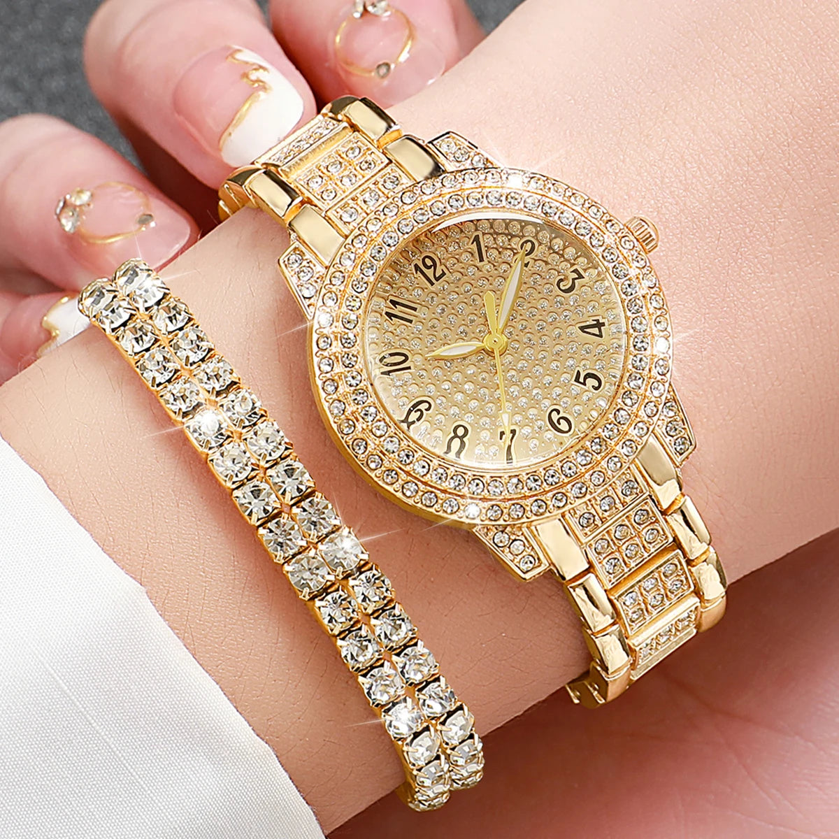 6PCS Fashion Full Diamond Women's Watch Gold Steel Band Analog Quartz Watches Jewellery Set Without Box - Zenflow Active