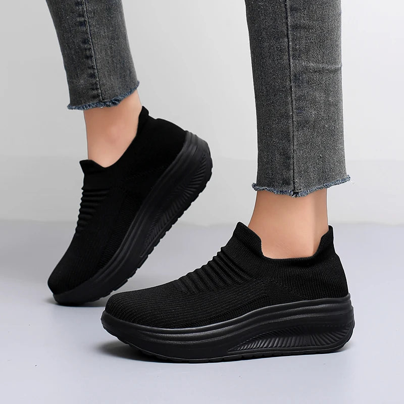 Women's Air Mesh Platform Slip-On Sneakers — Breathable, Mid Heel, Casual Loafer Style - Zenflow Active