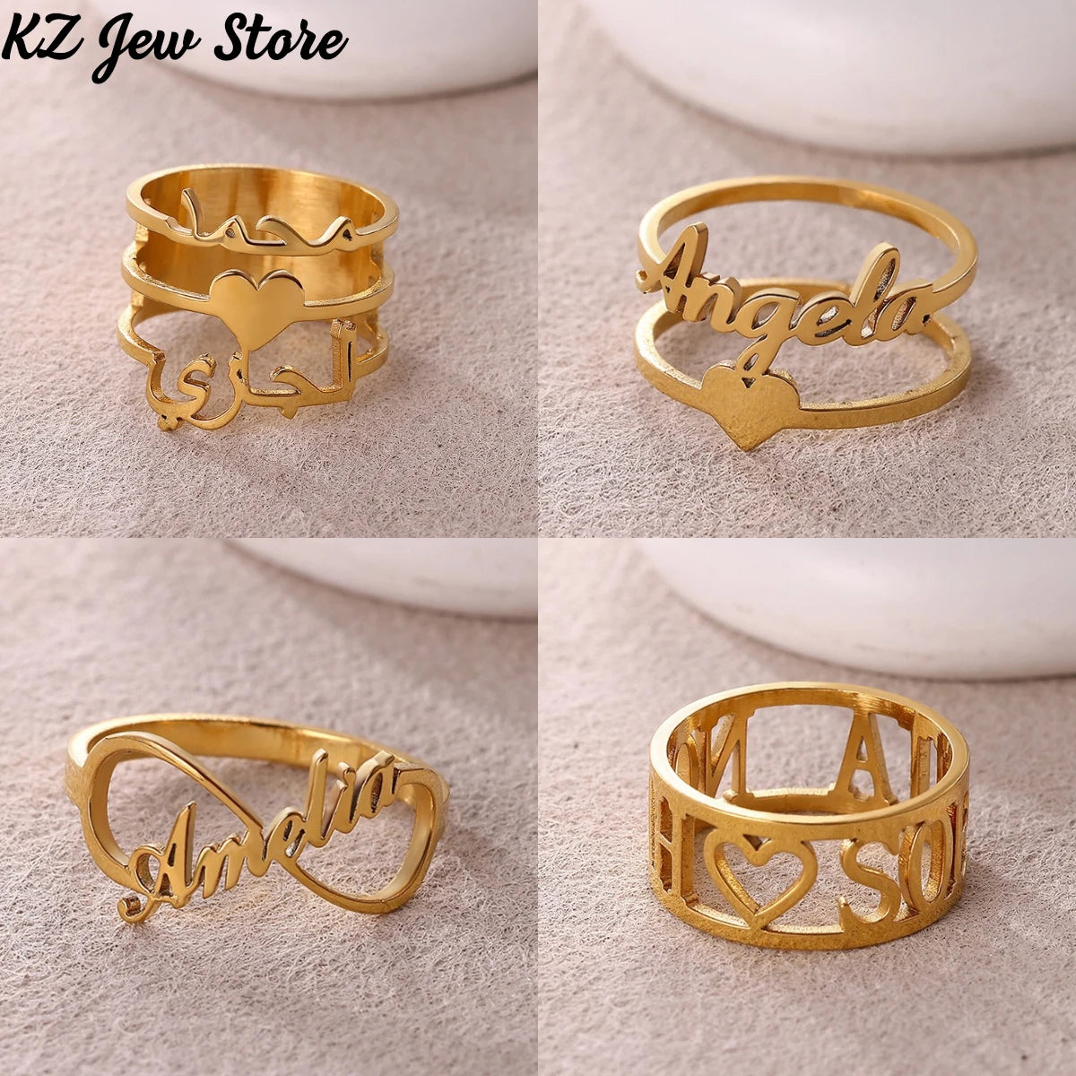 Custom Broad Surface Name Heart Rings Women Unisex Gold Colour Personalization 6-10 Size Wedding Bride Jewellery Stainless Steel - Zenflow Active