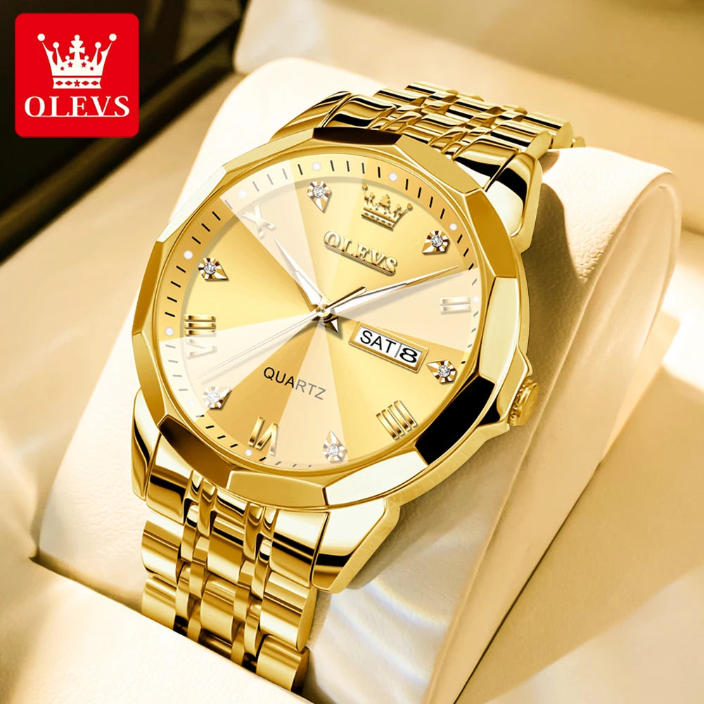OLEVS 9931 Men's Quartz Watch — Rhombus Bezel, Roman Numeral, Date & Week, Luminous - Zenflow Active