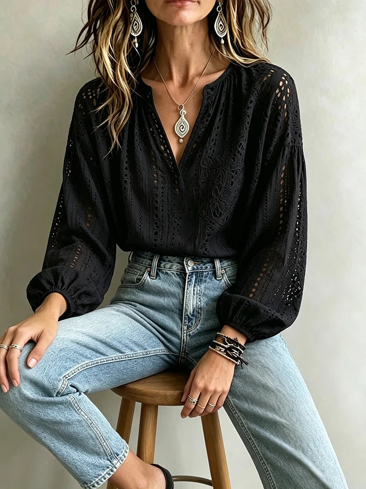 Women's Embroidered Hollow-Out Long Sleeve Shirt - Zenflow Active