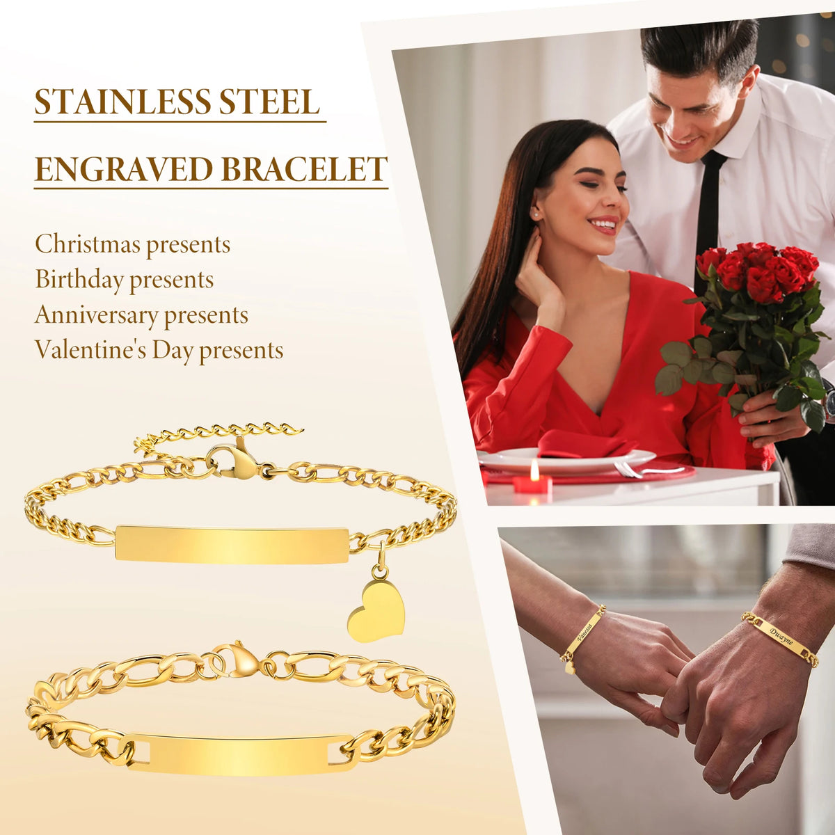 Free Personalized Custom Heart Bracelets for Women Men, Engraving Name Date ID Couple Bracelet for Lover, Valentine's Day Gift - Zenflow Active
