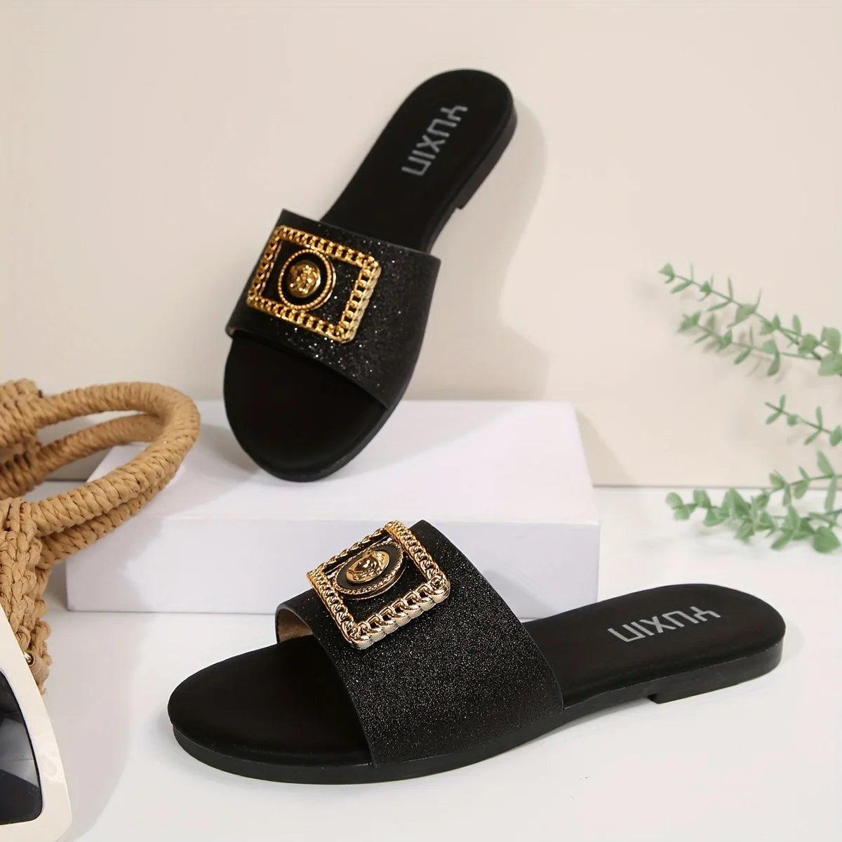 Women's Metal Detail Flat Sandals — Round Toe, Faux Leather, Casual Everyday Slide - Zenflow Active
