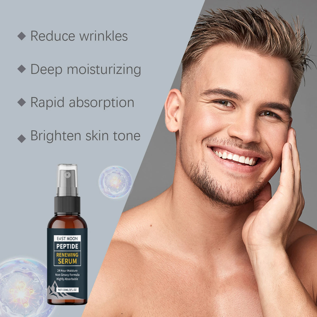 Men's Hydrating Renewing Face Serum Spray with Hyaluronic Acid & Peptides, 30ml - Zenflow Active