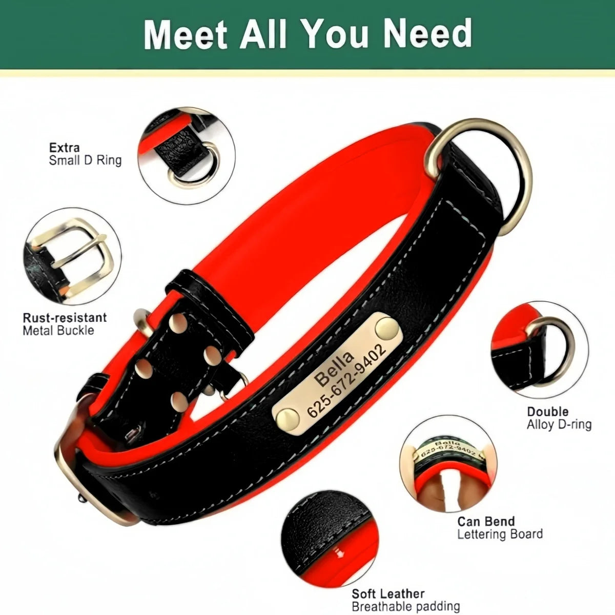 Soft Padded Leather Dog Collar | Personalised Engraved Nameplate & Custom ID Tag - Zenflow Active