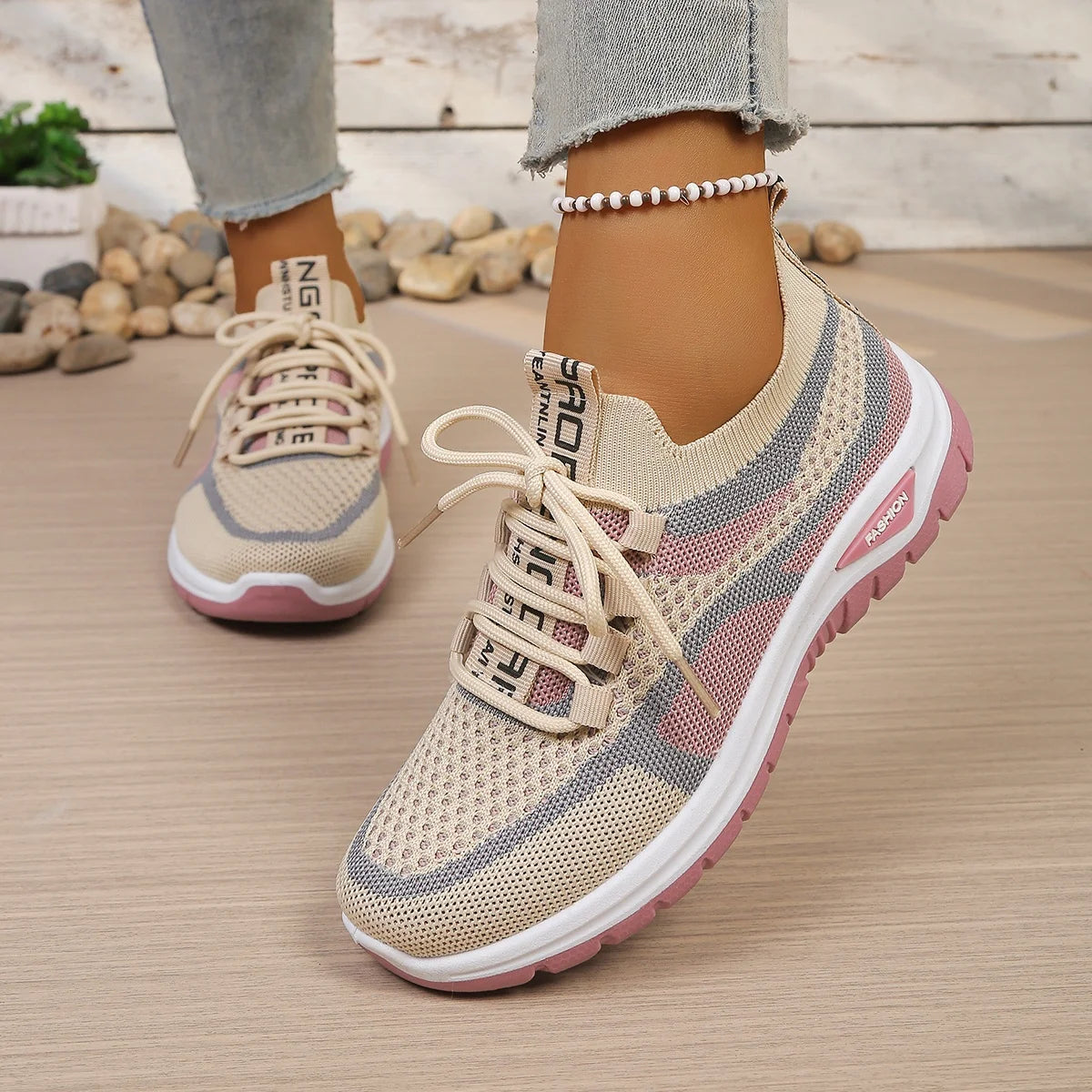 Women's Two-Tone Canvas Lace-Up Trainers — Patchwork, Low Heel, Breathable, Casual - Zenflow Active