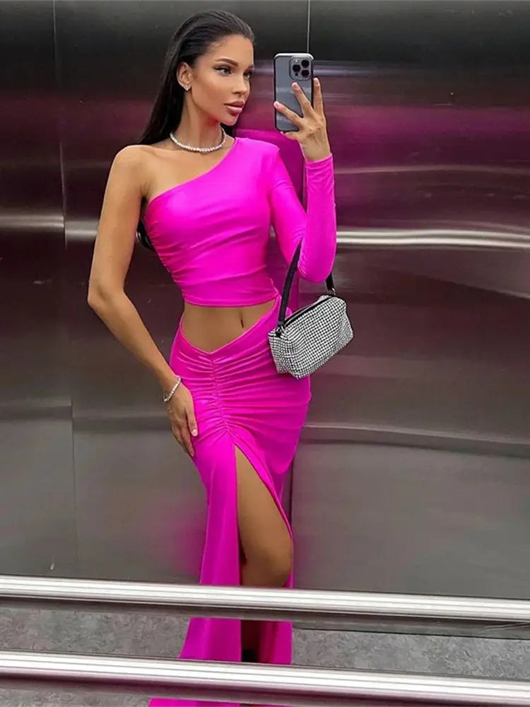 Women's One-Shoulder Ruched Split Maxi Dress Zenflow Active