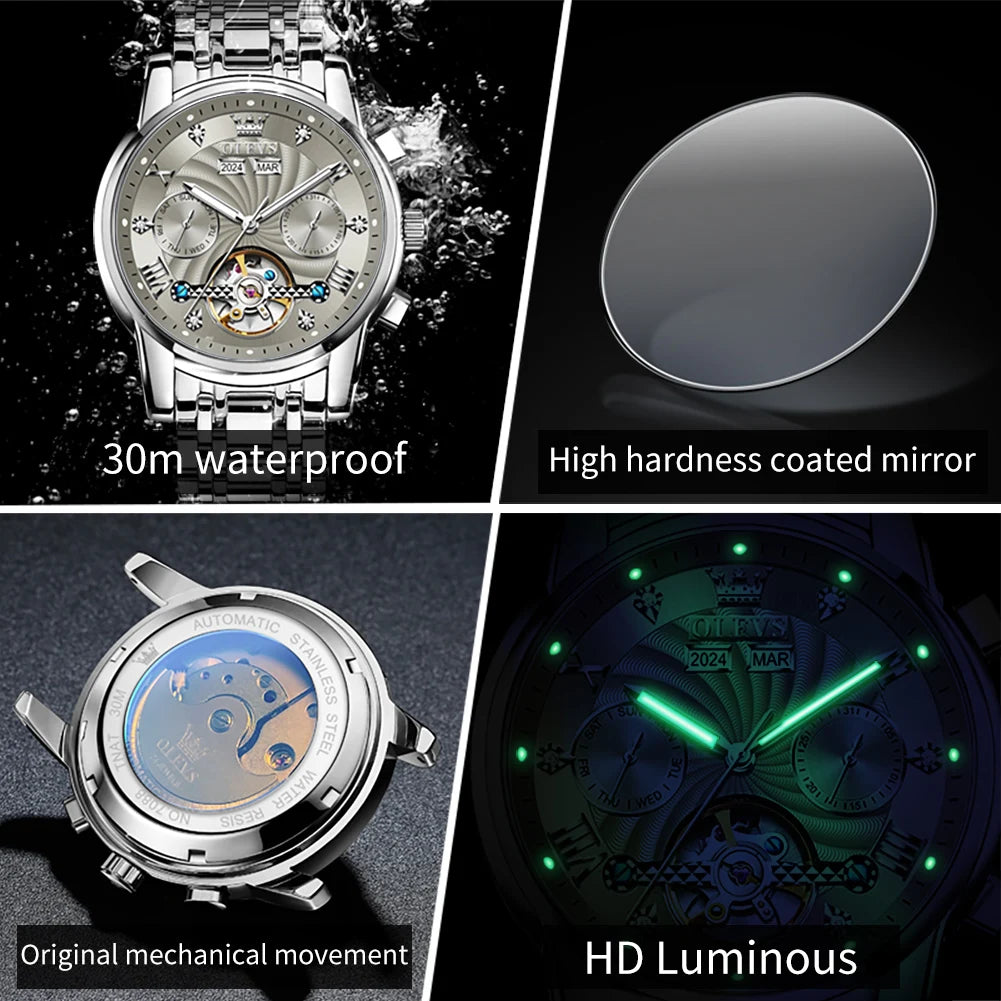 OLEVS 7088 Skeleton Automatic Watch | Tourbillon Display | Luminous - Zenflow Active