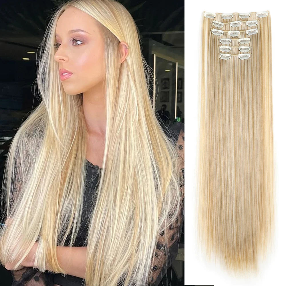 Hair Extensions 24"/60cm 6pcs/set Women Long Straight Synthetic Full Head Clip 16 Clips Ombre Heat Resistant Fiber Hair - Zenflow Active