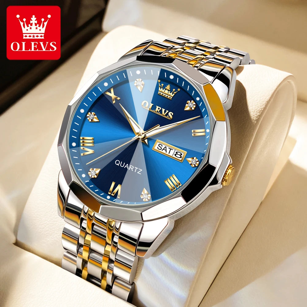 OLEVS 9931 Men's Quartz Watch — Rhombus Bezel, Roman Numeral, Date & Week, Luminous - Zenflow Active