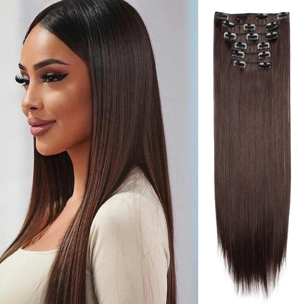Hair Extensions 24"/60cm 6pcs/set Women Long Straight Synthetic Full Head Clip 16 Clips Ombre Heat Resistant Fiber Hair - Zenflow Active